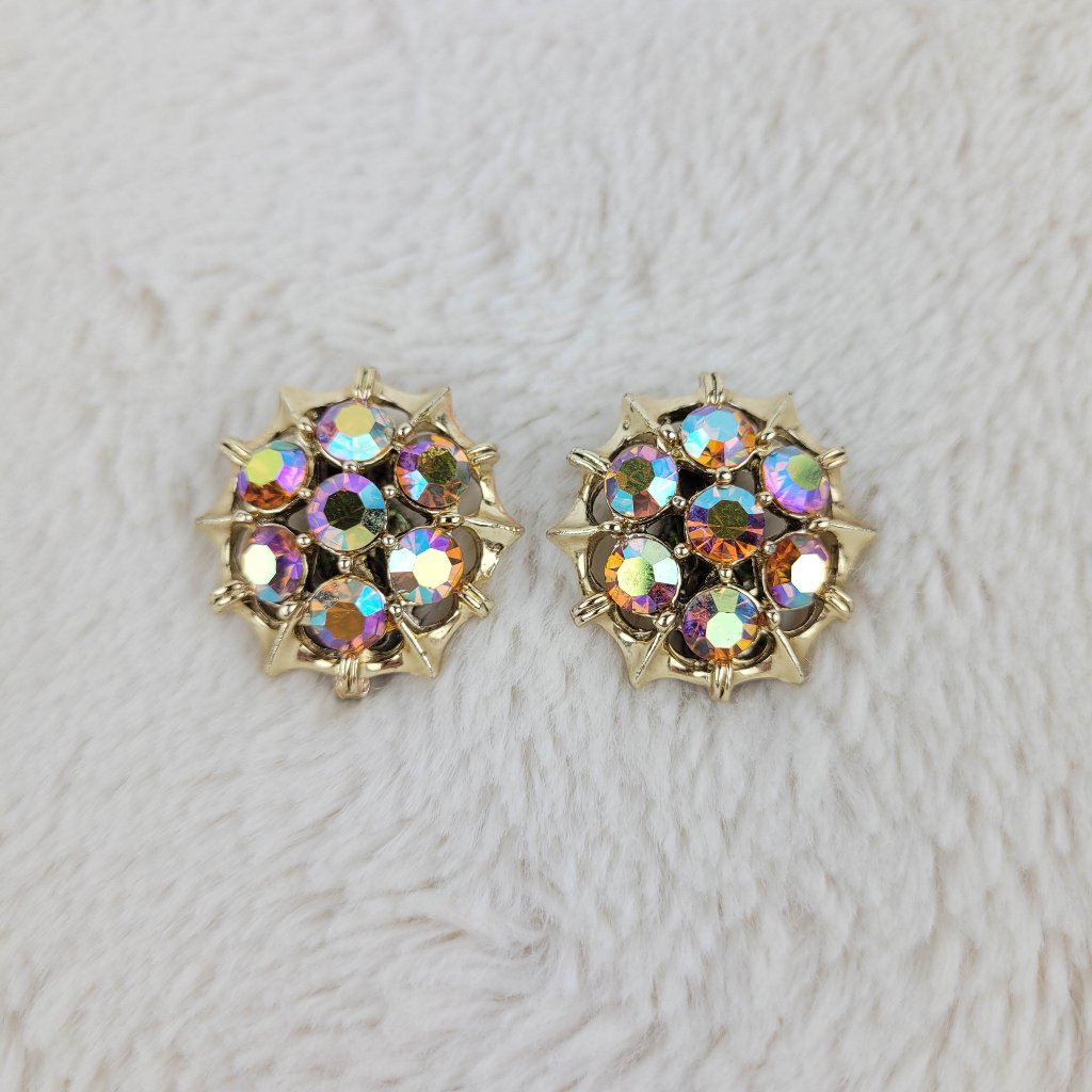 1950's Aurora Borealis Circular Clip Earrings